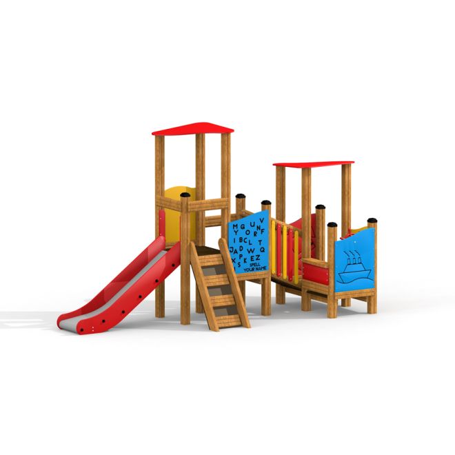 Attrezzatura da gioco per esterni Towers with Slide & Educational Boards con tetti rossi e uno scivolo.
