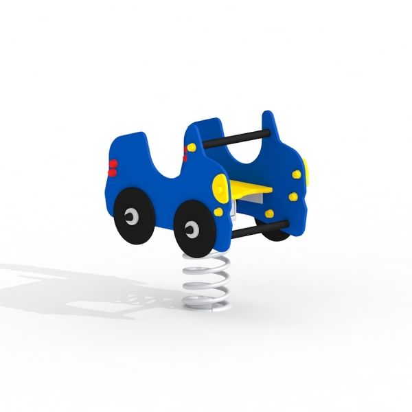 Altalena a molla a forma di auto blu per parco giochi.