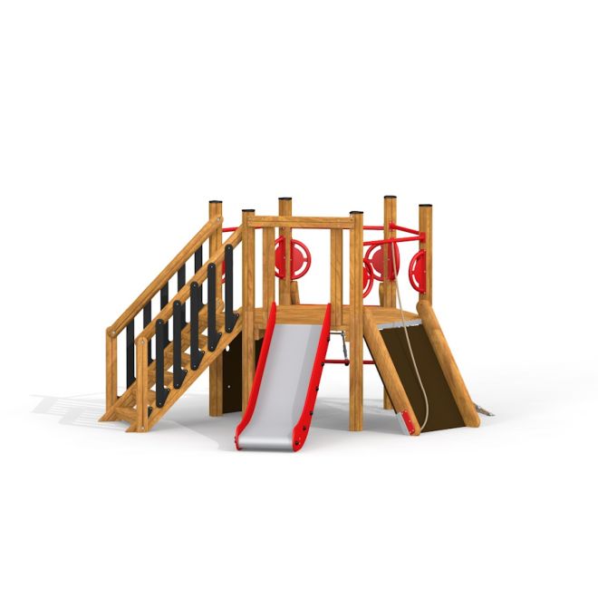 Six Angle w/ Stairs & Slide (H90) wooden playhouse con scivolo rosso e scale da arrampicata