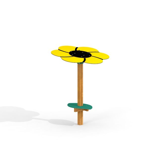 Tavolo da gioco con parasole a forma di fiore giallo.