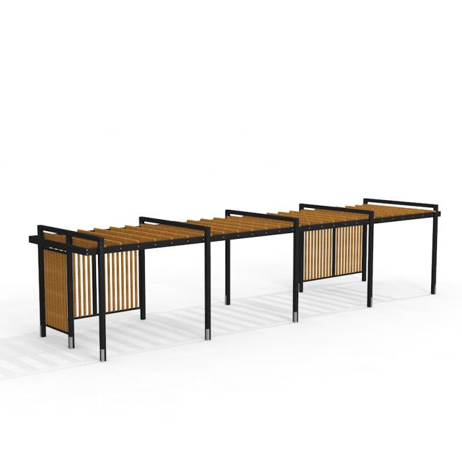 Pergola IV - moderna pergola da esterno con doghe in legno e struttura in metallo nero