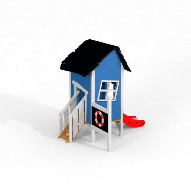 Lena's playhouse with a slide in blu e bianco, con scale e uno scivolo rosso.