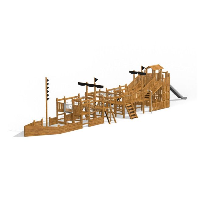 Struttura da gioco in legno Majestic ship with slide Uvala con scivolo ed elementi in corda.