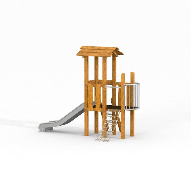 Pixie wooden playhouse with slide Uvala realizzato in legno naturale con rete da arrampicata e scivolo in metallo