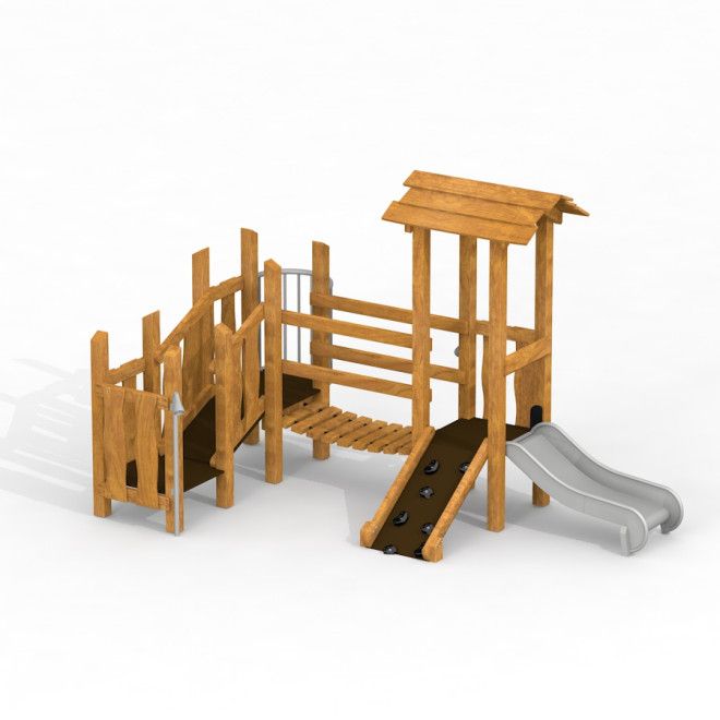 Smart wooden playhouse with slide Uvala attrezzatura da gioco realizzata in legno naturale e scivolo in metallo