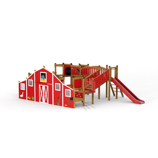 Struttura da arrampicata per parco giochi Barn con scivolo e tunnel per bambini.