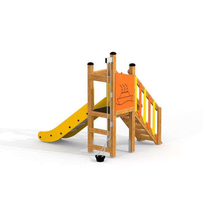 Scivolo da parco giochi in legno Marlin con gradini gialli e corda da arrampicata.