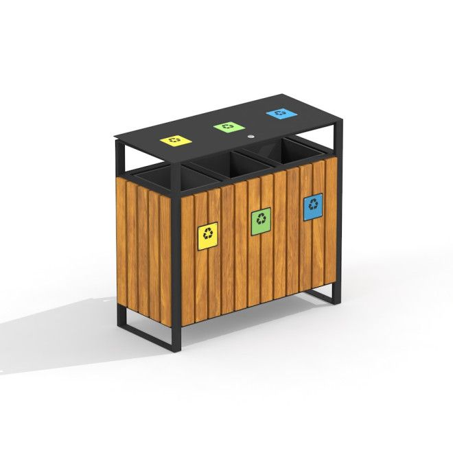 Wooden recycling bin con tre scomparti separati per la raccolta dei rifiuti