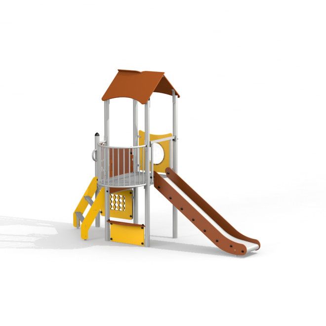 Viewpoint with a slide attrezzatura per parco giochi con elementi di arrampicata e scivolata gialli e marroni.