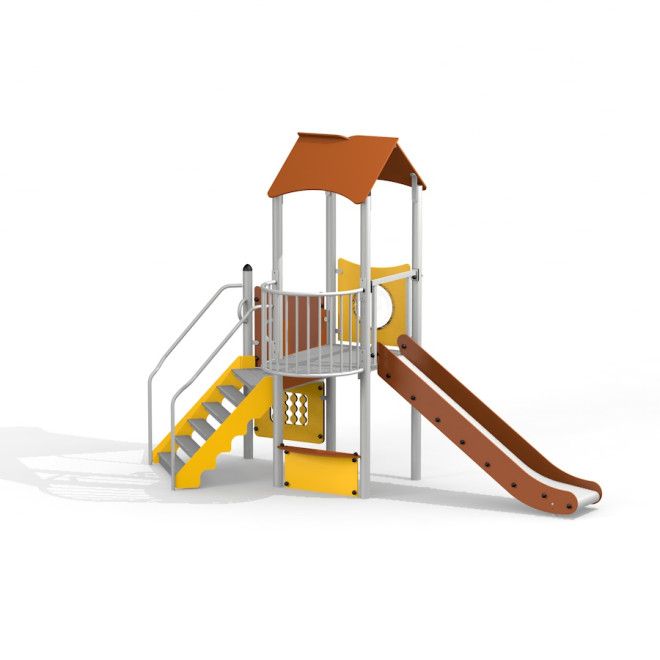 Viewpoint with a slide II attrezzatura da gioco con scale gialle e scivolo marrone
