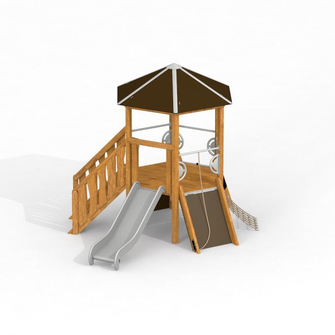 Casetta in legno Six Angle con scale e scivolo, con rete da arrampicata e corda per parco giochi.