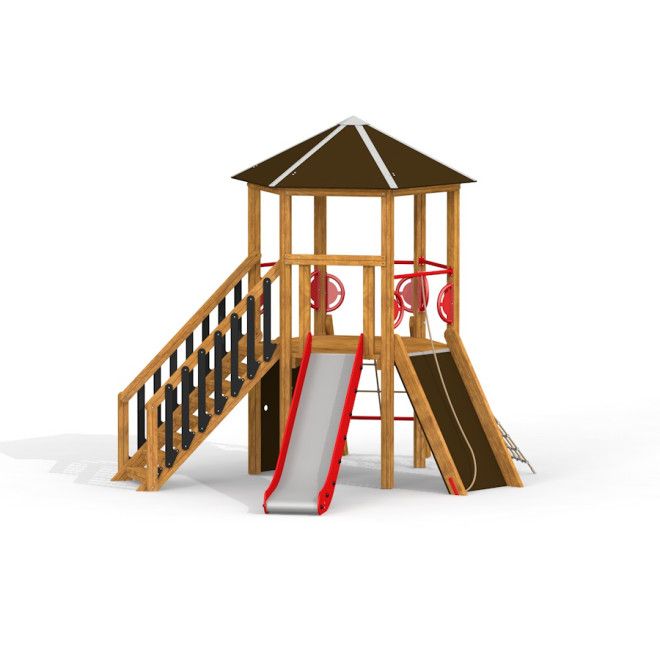Struttura da gioco in legno Six Angle con scale e scivolo, con scale da arrampicata, scivolo e piattaforma coperta