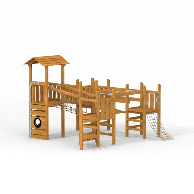 Challenger Uvala II struttura da arrampicata in legno per parco giochi con scala di corda e piattaforma con scivolo.