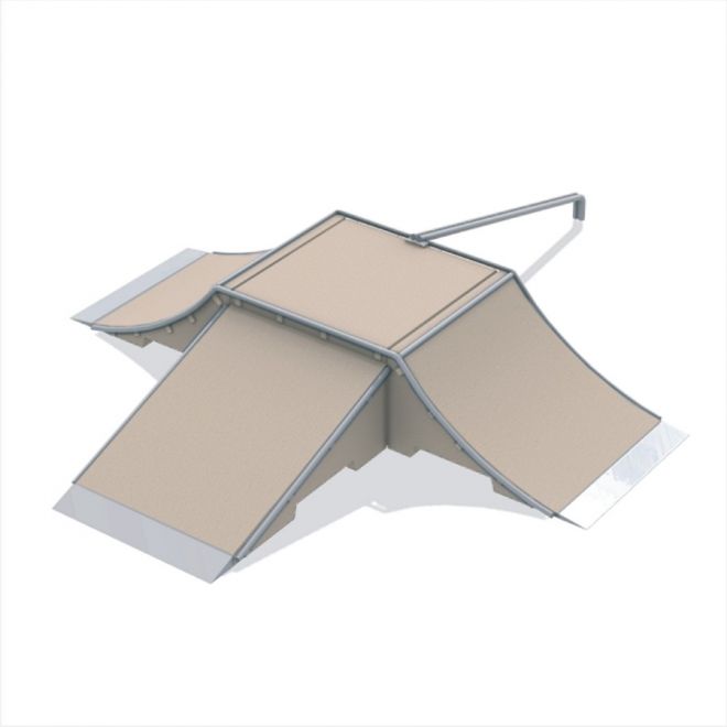 Rampa da skate Fun Box type A dal design beige e metallico.