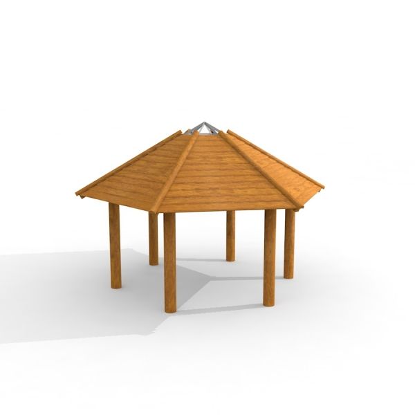 Gazebo Firehouse in legno con tetto esagonale e sei pilastri di sostegno.