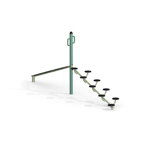 Attrezzatura da gioco all'aperto Balances con trave di equilibrio verde e dischi da appoggio neri.
