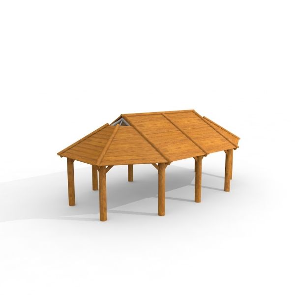 Long Firehouse in legno con struttura del tetto in stile padiglione.