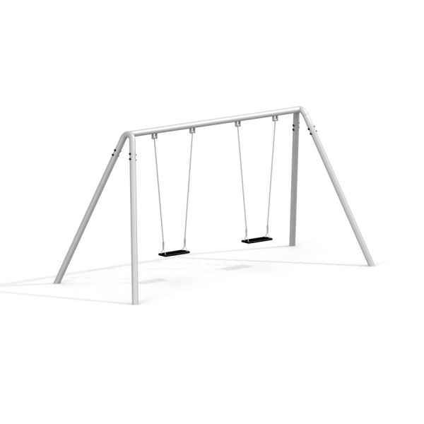 Attrezzatura da parco giochi Silver Double Swing con due sedili neri e una struttura bianca.