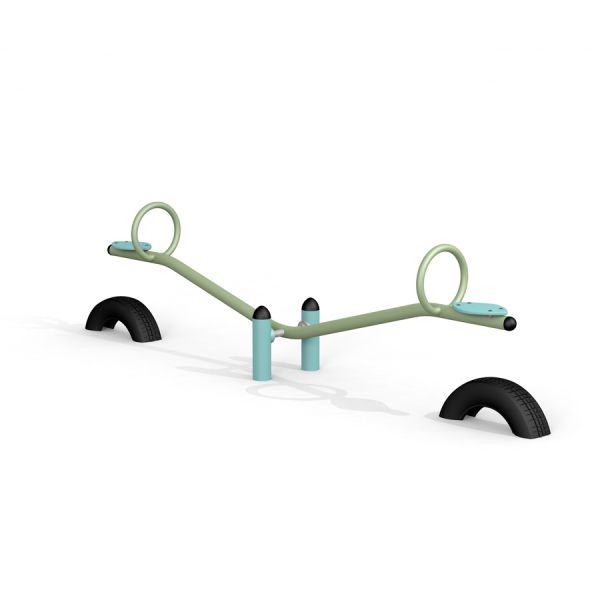 Attrezzatura da parco giochi Seesaw con maniglie circolari e supporti neri curvi.