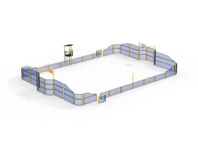Arena sportiva all'aperto Nou Camp per calcio e basket con recinzione blu e gialla.