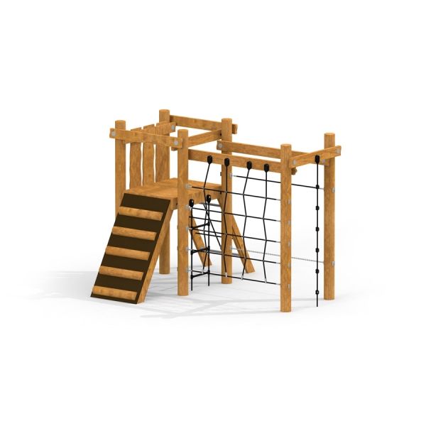 Serengeti wooden playhouse con rete da arrampicata e scala.