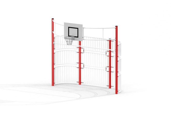 Canestro da basket all'aperto Tiger con struttura bianca e rossa.