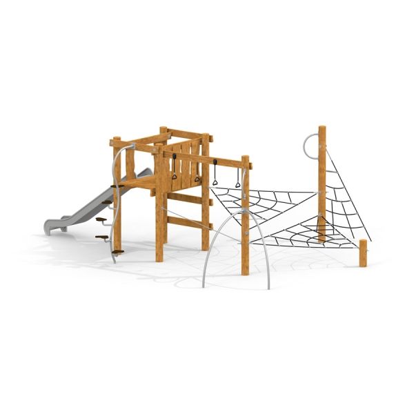 Struttura da parco giochi per bambini con scivolo, rete da arrampicata e telaio in legno Alv.