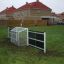 Gabbia per porta da calcio su un campo in erba in un'area residenziale.