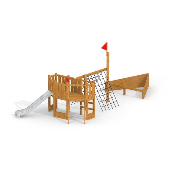 Nature Ship Sandbox, wooden playhouse con scivolo e rete da arrampicata.