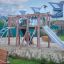 Set da parco giochi in legno con scivolo ed elementi per arrampicarsi in un'area residenziale, Alstad.
