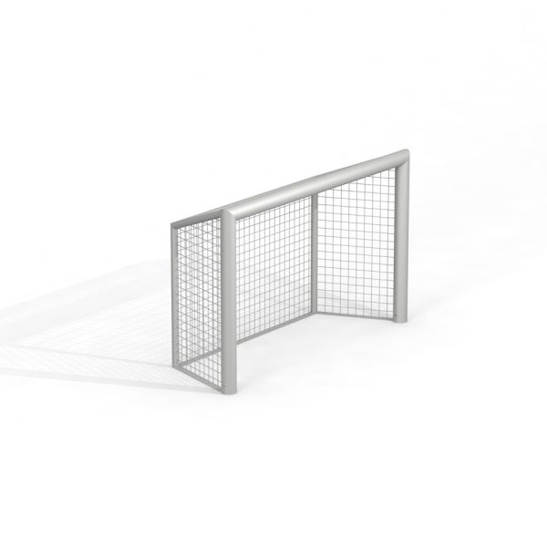 Porta da calcio compatta in metallo con rete a maglia.
