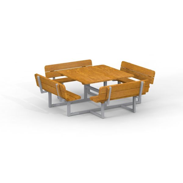 Set Quadro Table & Bench con sedute in legno e tavolo su struttura in metallo.