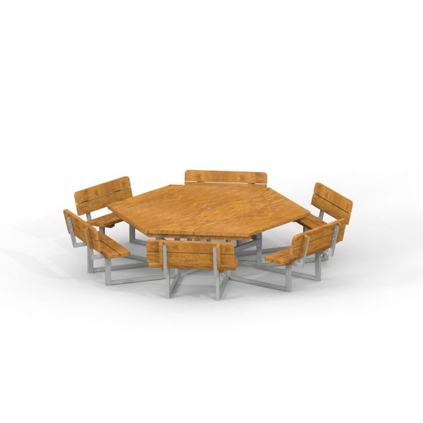 Table & Bench 6 Seats esagonale in legno con struttura in metallo.