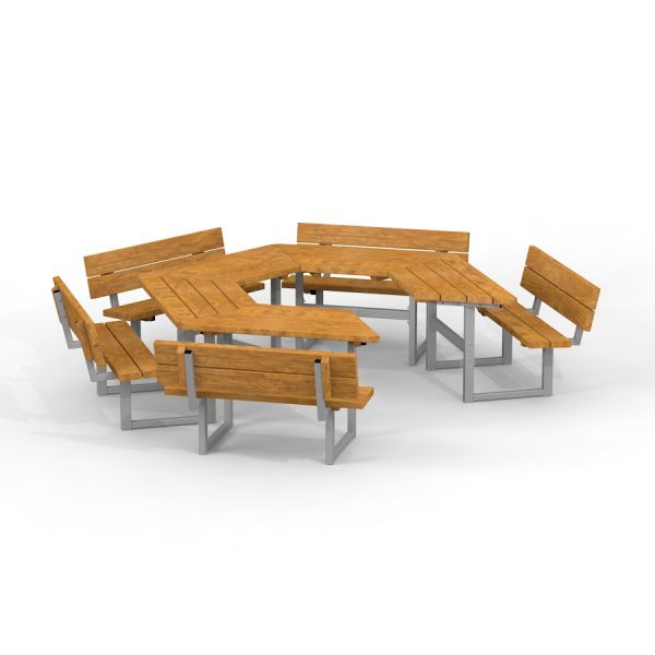 School Table & Bench con sedute in legno e telai metallici disposti in forma esagonale.