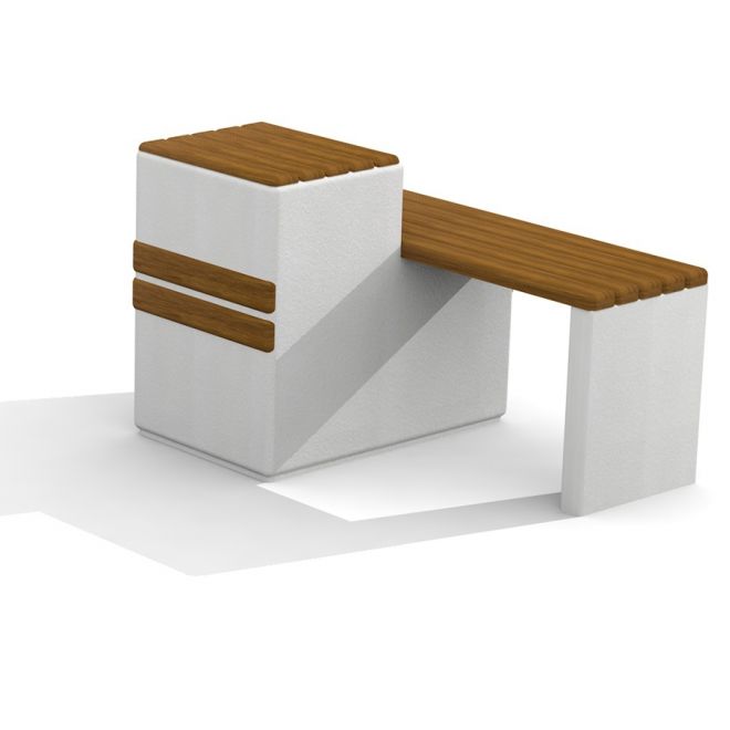Moderno elemento per area giochi Libra con panche in cemento bianco e legno.