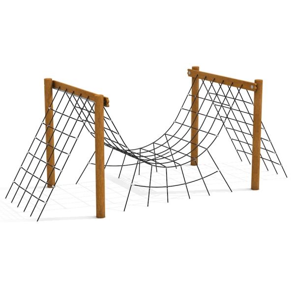 Struttura da arrampicata con rete e telaio in legno per bambini.