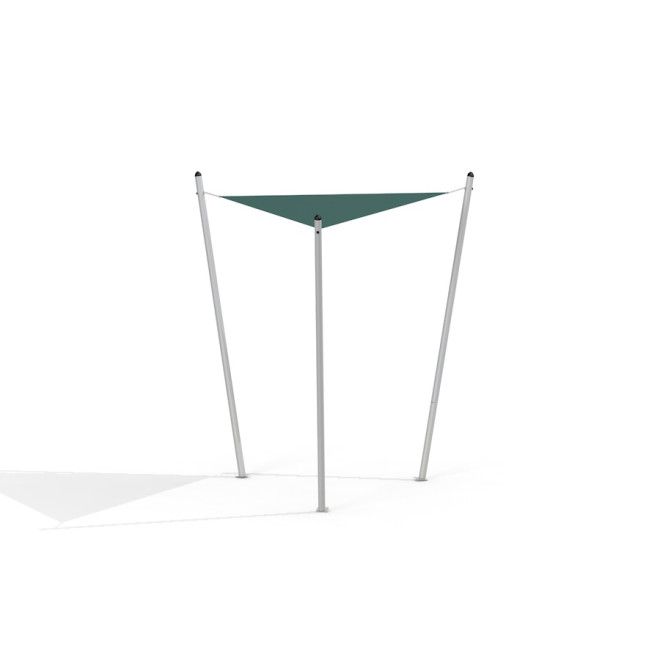 Parasole triangolare 3x3x3 Atlantis con pali in metallo che forniscono ombra all'aperto.
