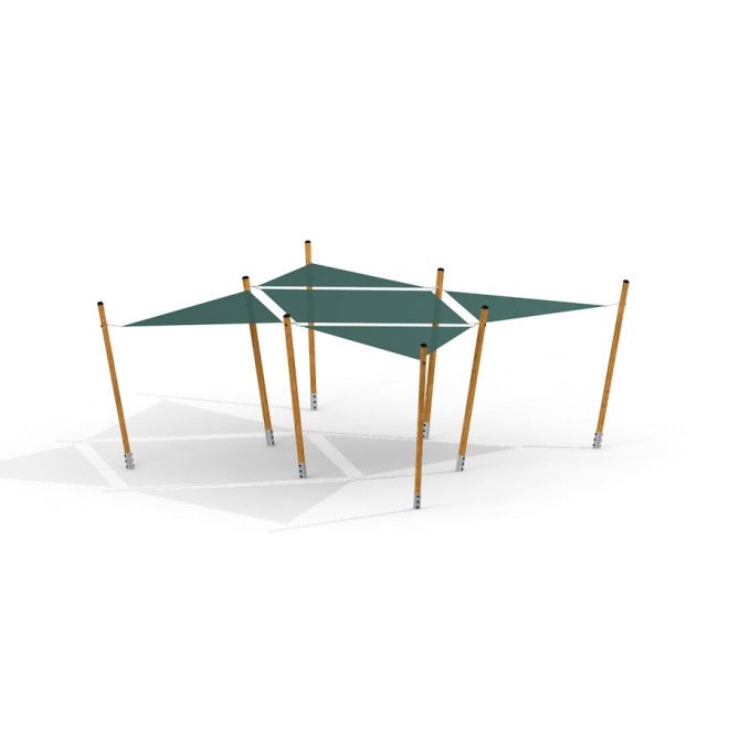 Vele ombreggianti triangolari per parco giochi Sun Shades sostenute da pali in legno