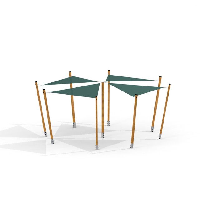 Sun Shades tettoia per area giochi con pali in legno e coperture triangolari in tessuto verde