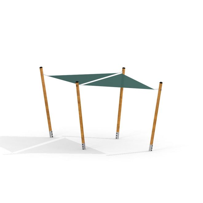 Sun Shades vela ombreggiante triangolare verde con pali in legno per attrezzature da gioco.