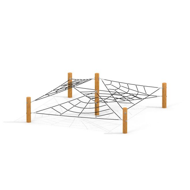 Gossamer struttura con rete da arrampicata per parco giochi con pali in legno e corde nere.
