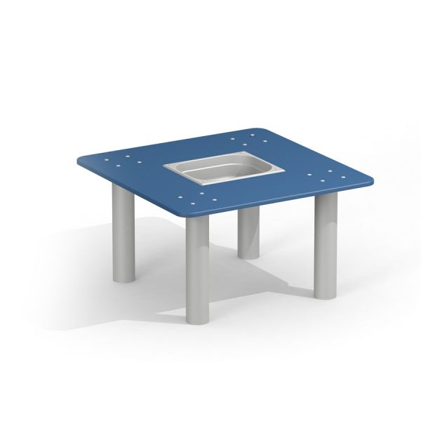 Un Sand & Water Table blu e grigio con quattro gambe e una vasca integrata.