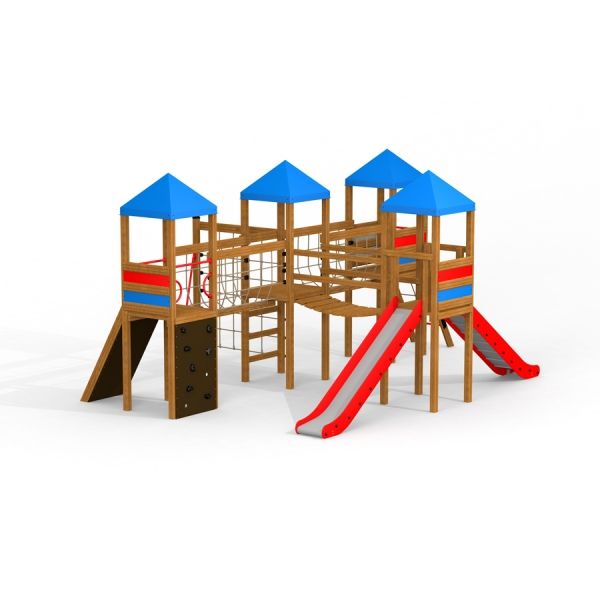 Struttura da parco giochi Sphinx castle with slide con tetti blu e scivoli rossi