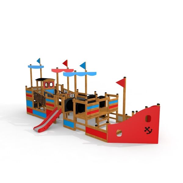 Struttura da gioco colorata a forma di nave con scivolo, chiamata Bounty ship with slide.