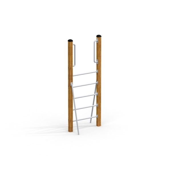 Vertical wooden ladder con gradini metallici.