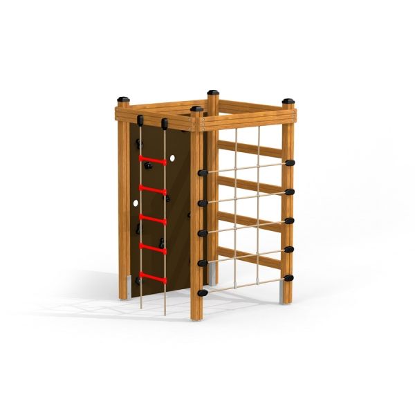 Casetta da gioco in legno con box da arrampicata con scala di corda e rete da arrampicata.