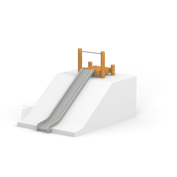 Hill Slide h180 per bambini con pali in legno e scivolo argentato su piattaforma bianca.