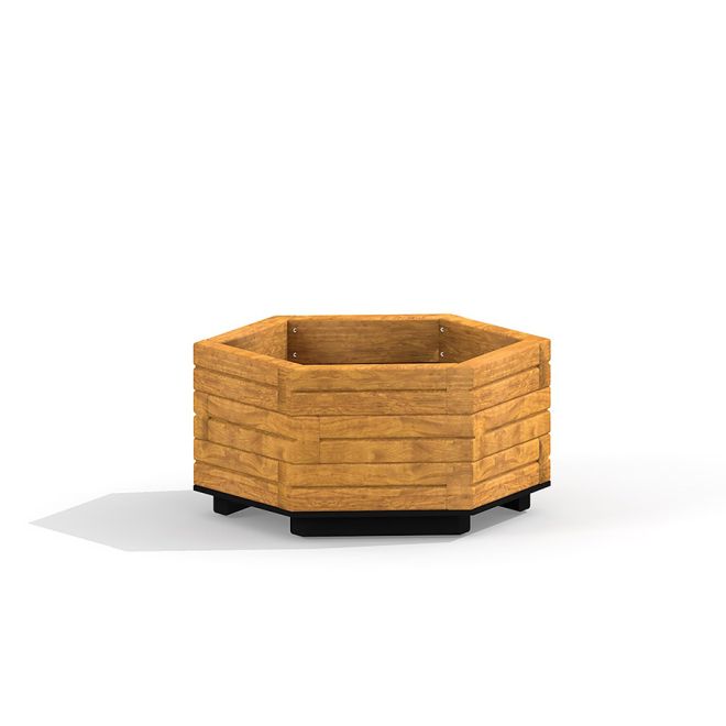 Wooden flowerpot IV - fioriera esagonale in legno con finitura marrone chiaro.