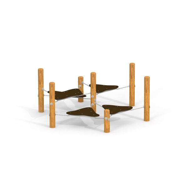 Struttura da arrampicata per parco giochi Kentucky Double con pali in legno e piattaforme nere.