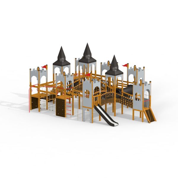 Struttura da parco giochi Windsor castle with slide con torri ed elementi per arrampicata.